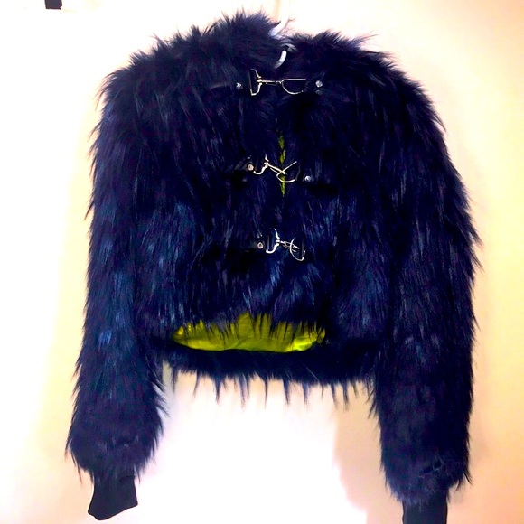 🖤🆕DK x Widow Blue & Green Snap Up Faux Fur  Jacket!Sz S!BNWT! NEVER WORN!SO!🦇 - Picture 1 of 9